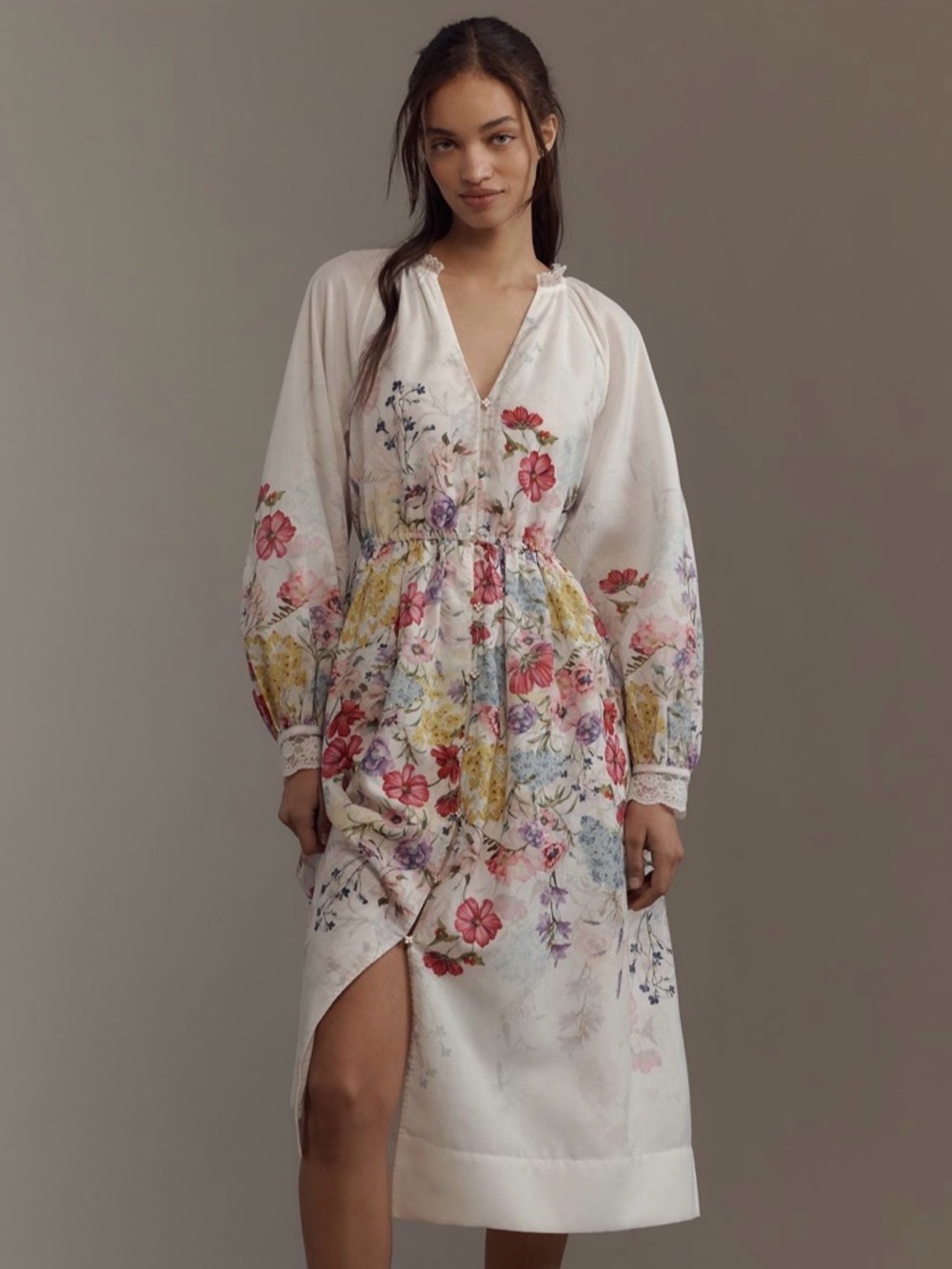 Anthropologie Let Me Be Floral Long Sleeve Midi Dress Size Medium